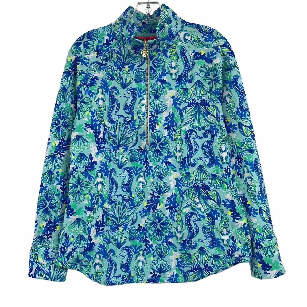 Lilly Pulitzer Green Blue Mermaid Skipper Half Zip Long Sleeve Tee | Womens M